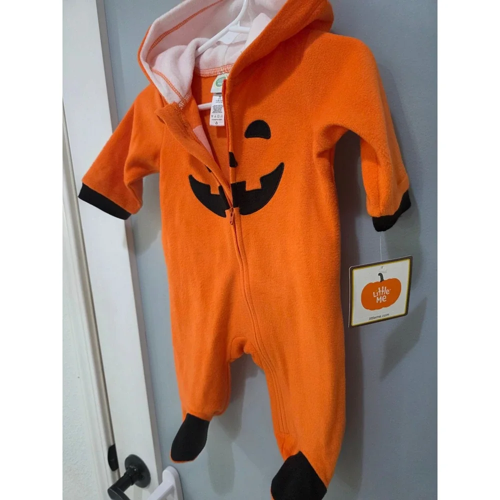 Little Me Pumpkin Halloween Costume Fleece Footed Hooded Jumpsuit Baby